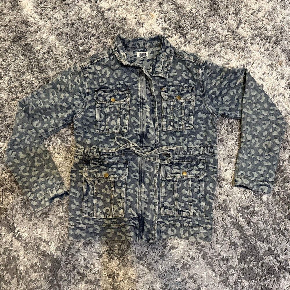 POL Distressed Cheetah Jean Denim Jacket
